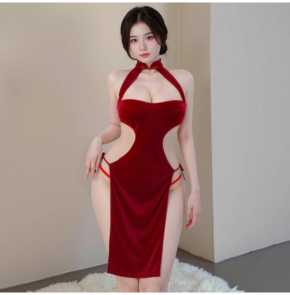 FEE ET MOI - Velvet High-Slit Lace-Up Cheongsam Dress (Plus Size - Red)